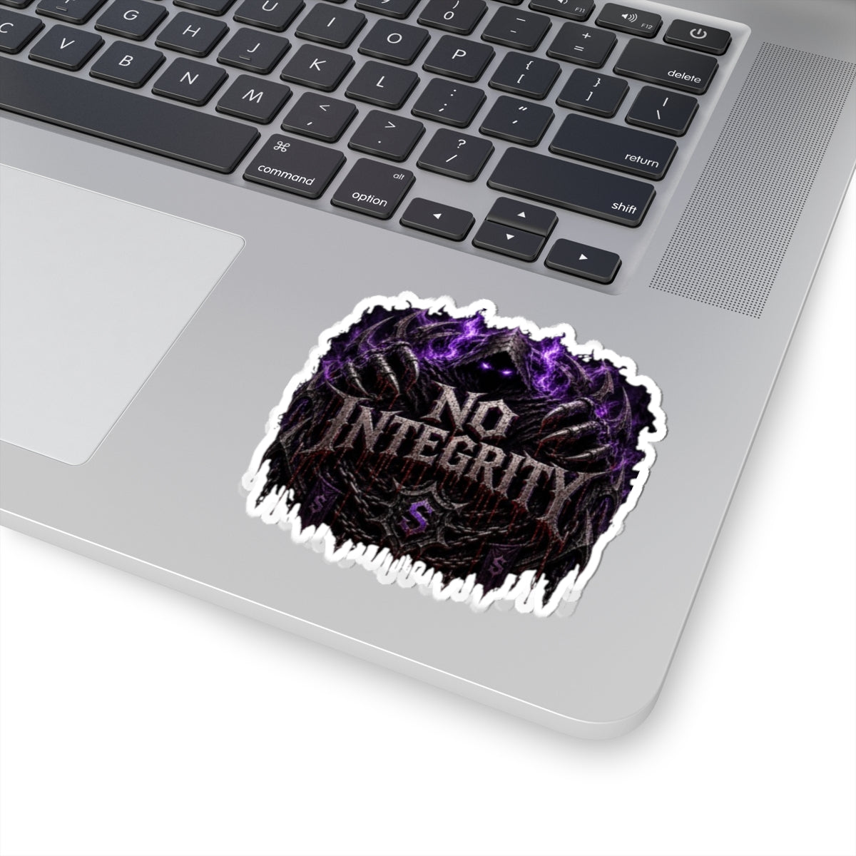 No Integrity Dark Gothic Sticker — Purple Skull Emblem Kiss-Cut