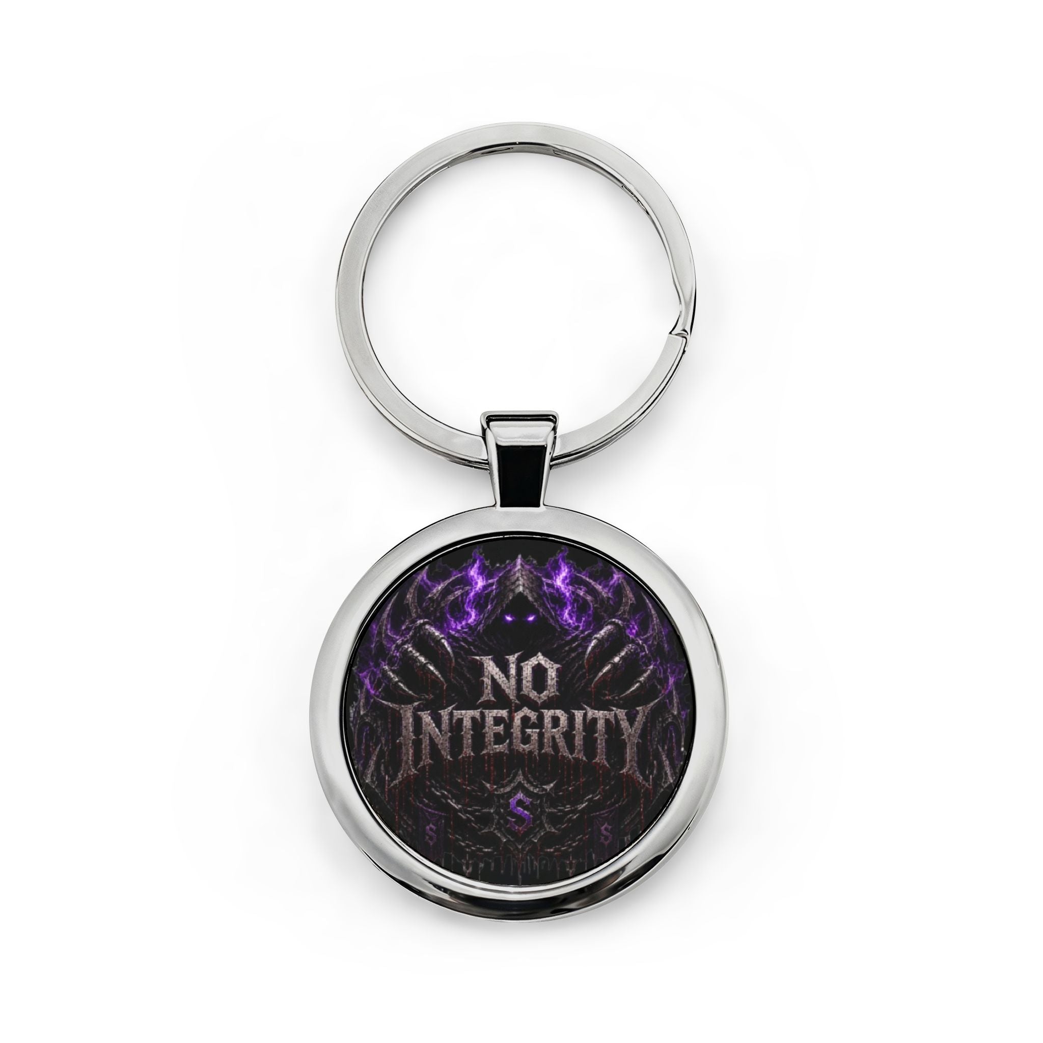 No Integrity Round Stainless Steel Keychain — Dark Gothic Purple Design