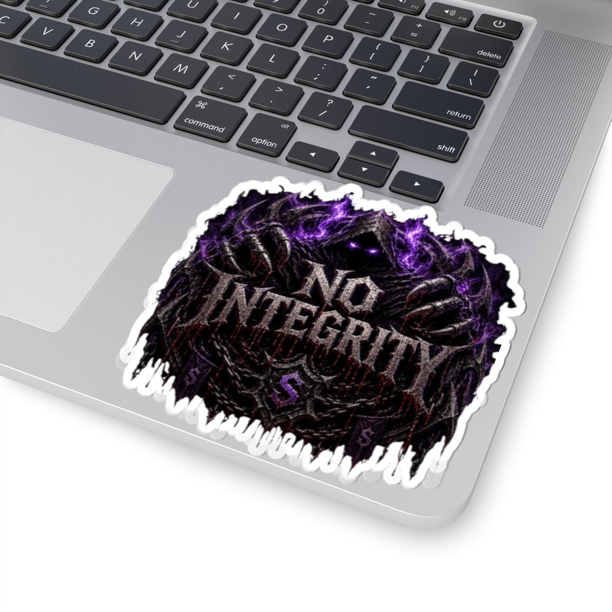 No Integrity Dark Gothic Sticker — Purple Skull Emblem Kiss-Cut
