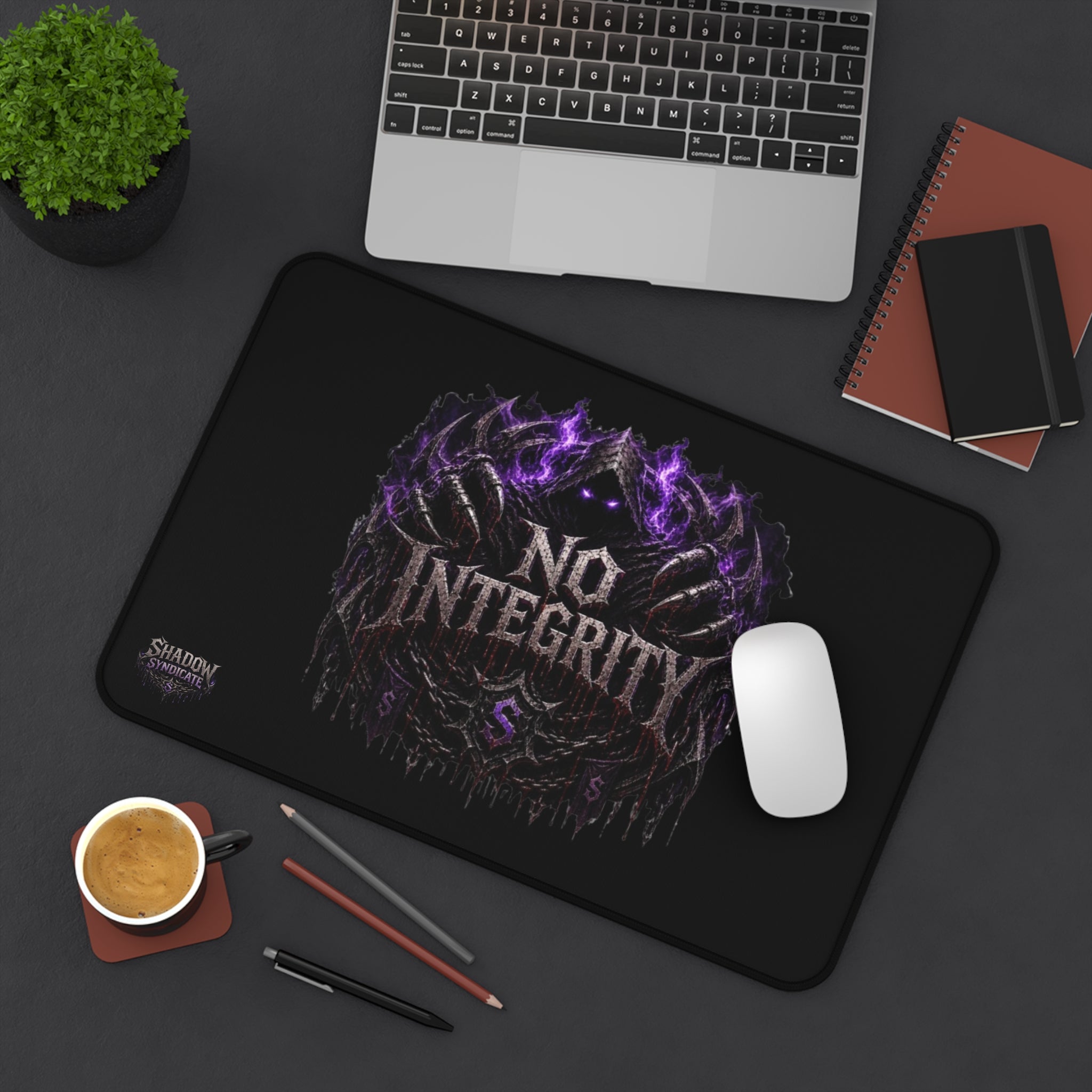 No Integrity Gothic Desk Mat — Dark Gaming Mouse Pad with Purple Skull Design