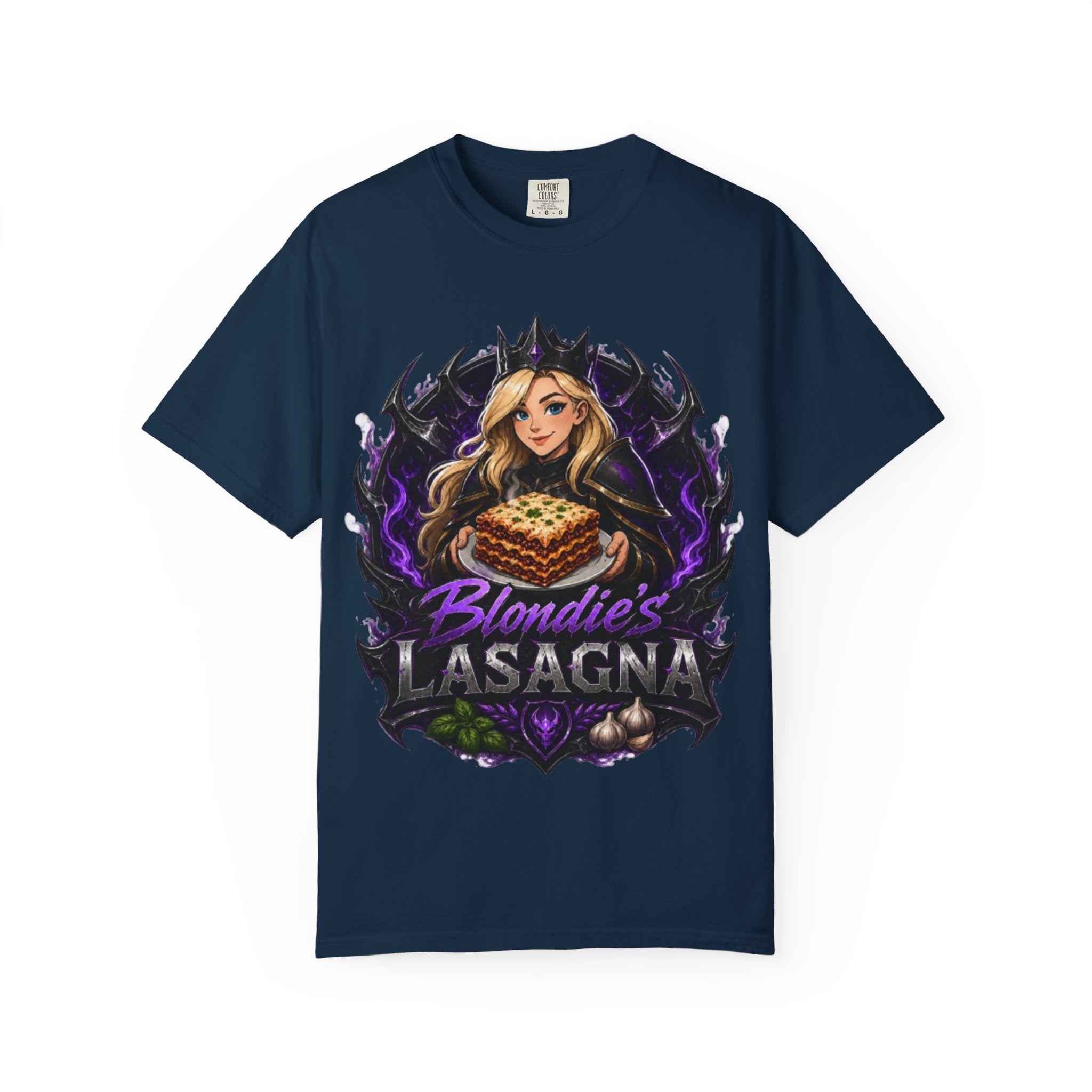 Lasagna T-Shirt — Blondie’s Lasagna Gamer Graphic Tee (Funny "The Fucking Lasagna" Back Print)